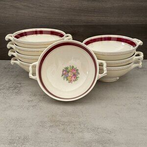 Homer Laughlin 1940's Set 8 Georgian Eggshell Handled Cream Soup Bowls Red Band